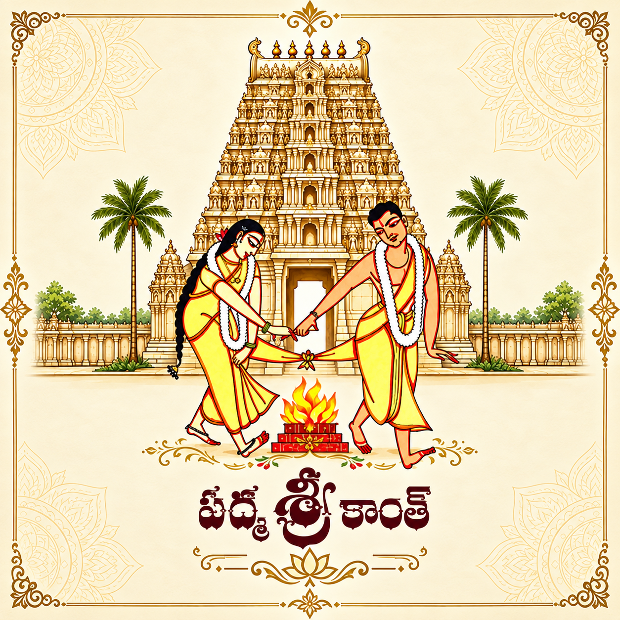 Traditional Telugu wedding artwork with a golden temple, bride and groom, and Telugu name calligraphy.